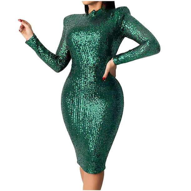 Gibobby Vestidos de fiesta cortos Vestido Midi de mujer Vestido de lentejuelas de color sólido de manga larga Vestidos elegantes y elegantes Vestidos de fiesta(Verde,XL)