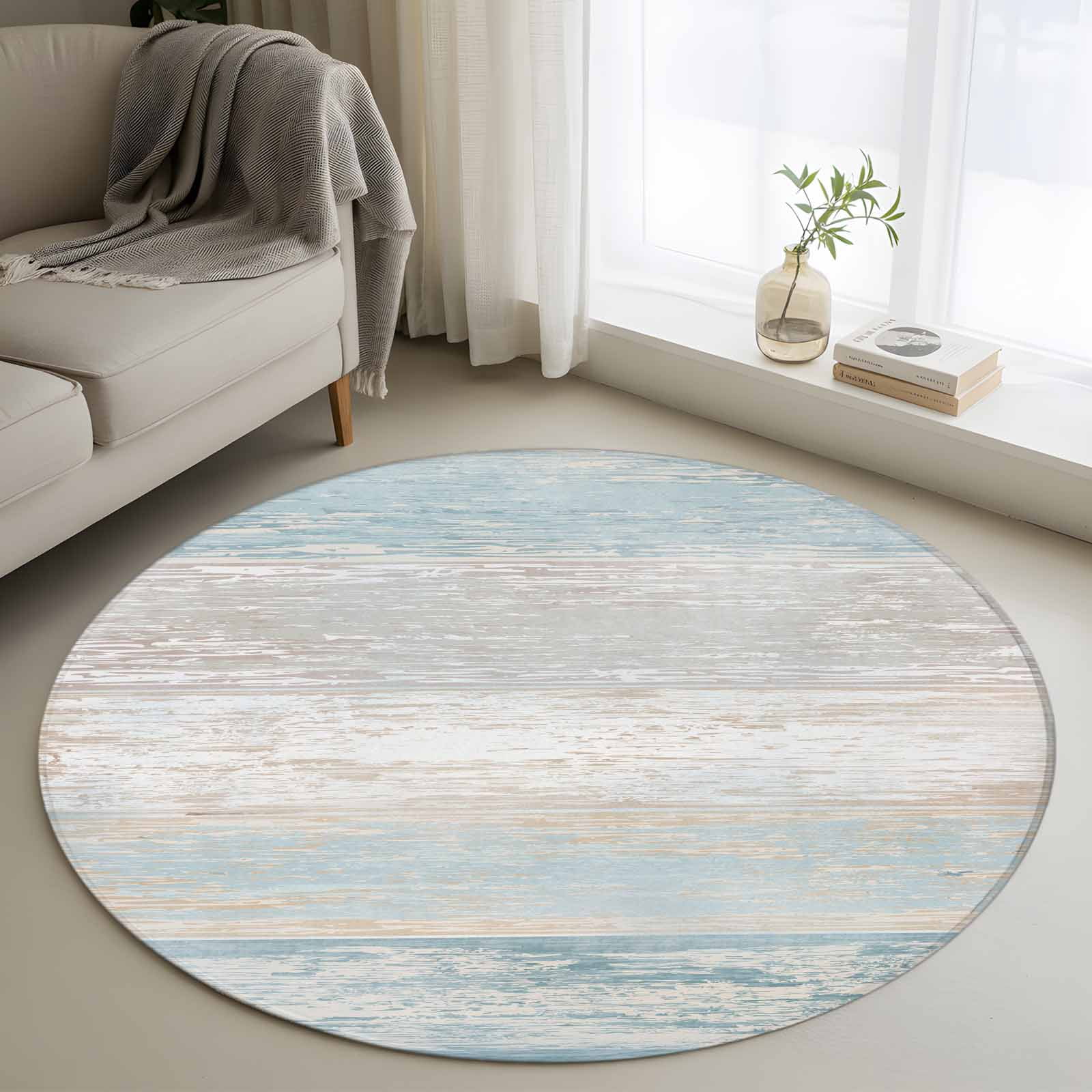 Blue Beige Farmhouse Round Area Rug 4 FT, Non Slip Indoor Outdoor Rug, Vintage Wooden Striped Washable Soft Circular Carpet Non-Shedding Floor Mat for Coffee Table Nursery Foyer Balcony