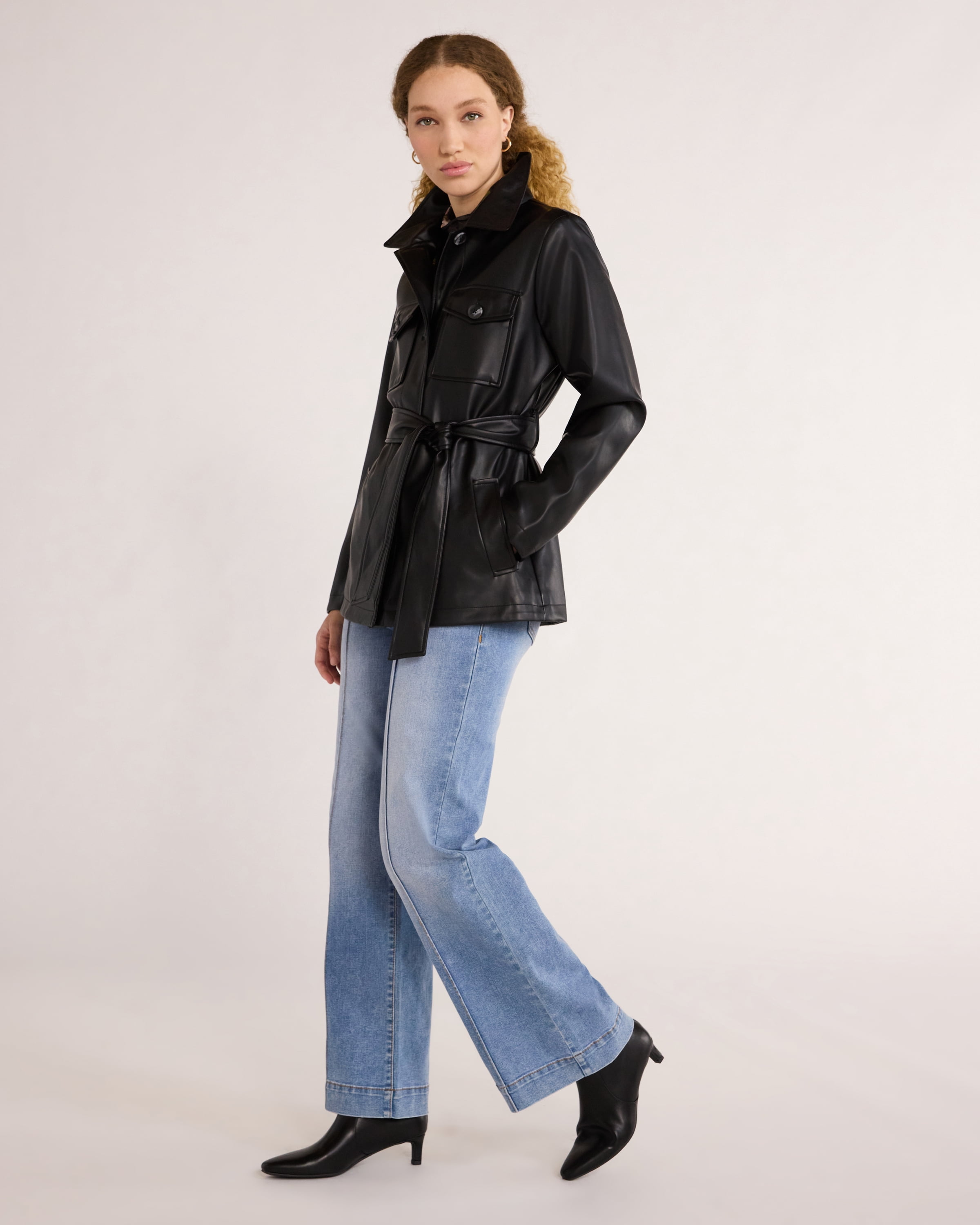 Time and Tru Women's and Women's Plus Faux Leather Cropped Belted Trench, Sizes XS-3X