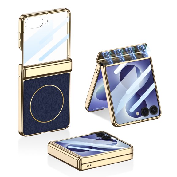 ELEHOLD Electroplated Leather Grain Case for Samsung Galaxy Z Flip8, Slim Magnetic Hinge Protective Cover with Screen Guard, Dark Blue