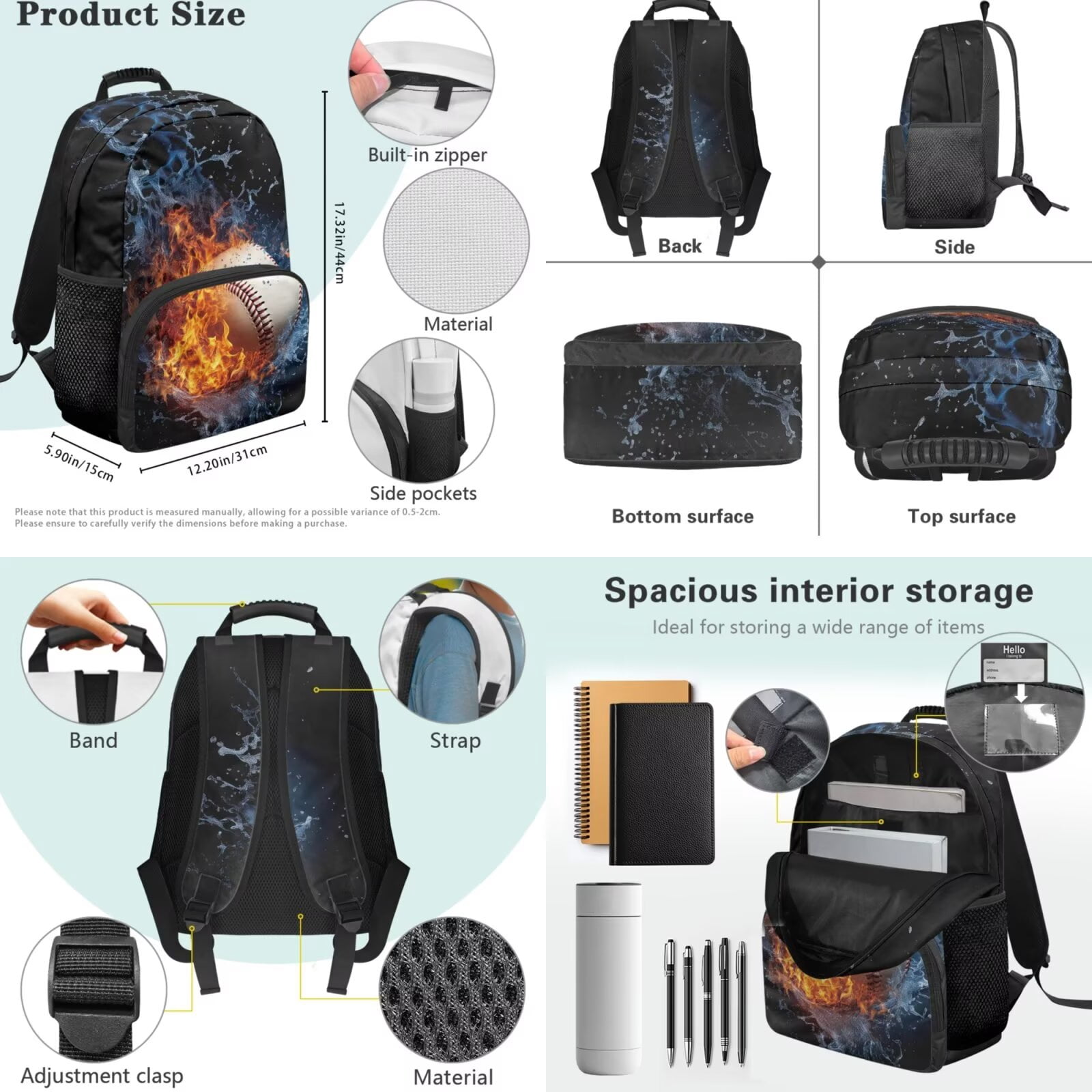 Pzuqiu Baseball Print Backpacks for School Boys 4 pcs with Lunch Box Pencil Bag Water Bottle Holder Set for Kids Large Travel School Bag for Boys 8-12 Camping Daypack for Kids