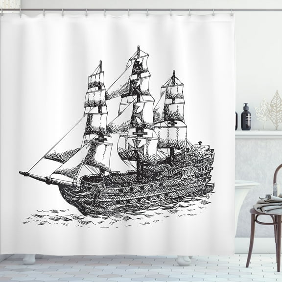 Ambesonne Sketch Shower Curtain, Hand Drawn Columbus Ship, 69"Wx70"L, Charcoal Grey and White