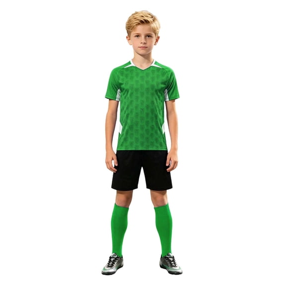 WAYUTE Kids Boys Short Sleeve V Neck Breathable T Shirt and Shorts Stretchy Soccer Shirt for Youth Sports Athletic Casual Clothes Sets