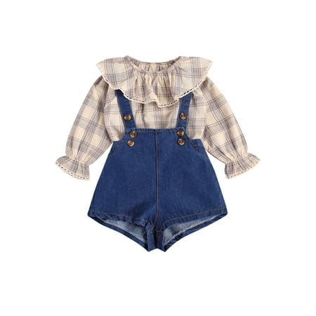 

Calsunbaby 2PCS Toddler Baby Girls Clothes Ruffle Plaid T-Shirt Tops Demin Suspenders Shorts Outfits Set Blue 12-18 Months