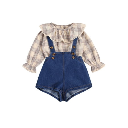 

Qtinghua Infant Baby Girls Fall Outfits Ruffled Collar Plaid Shirt Tops Denim Suspender Short Pants Clothes Apricot 0-6 Months