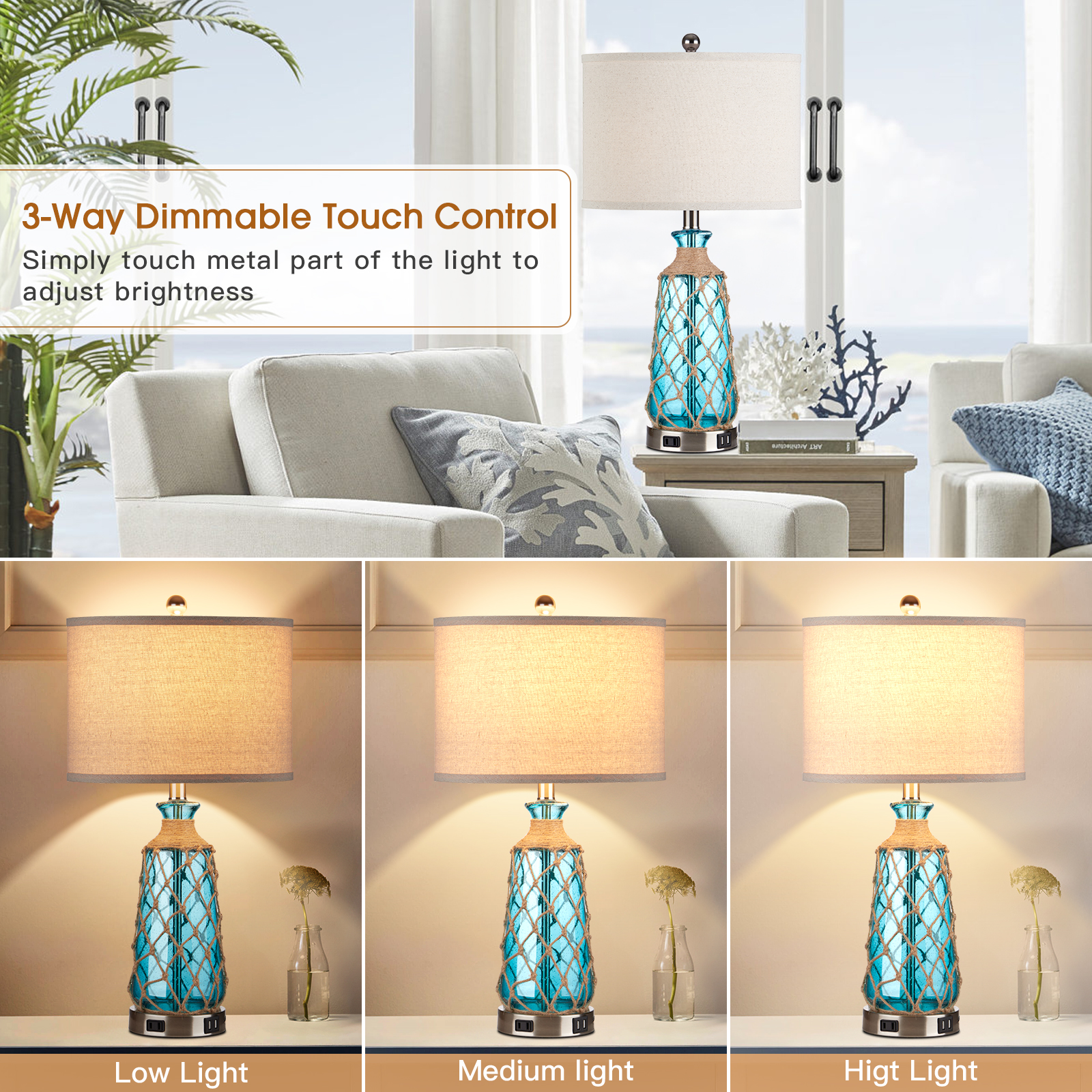 Cinkeda 26" Blue Bubble Glass Table Lamp Set of 2 with USB Ports photo 2