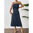 thumbnail image 3 of Navy Blue Sleeveless Pleated Midi Dress With Ruffle Bust For Women, 3 of 6