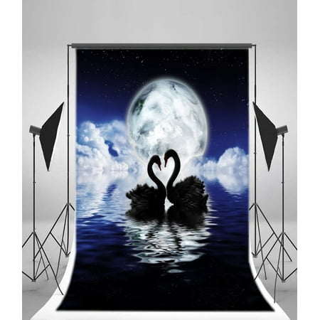 Image of MOHome 5x7ft Backdrop Black Swan Photography Background Low Priority Cloud and Moon Night Water Scene Photo Background Wedding Background Studio Video Lovers Girls Baby Fairy Tale