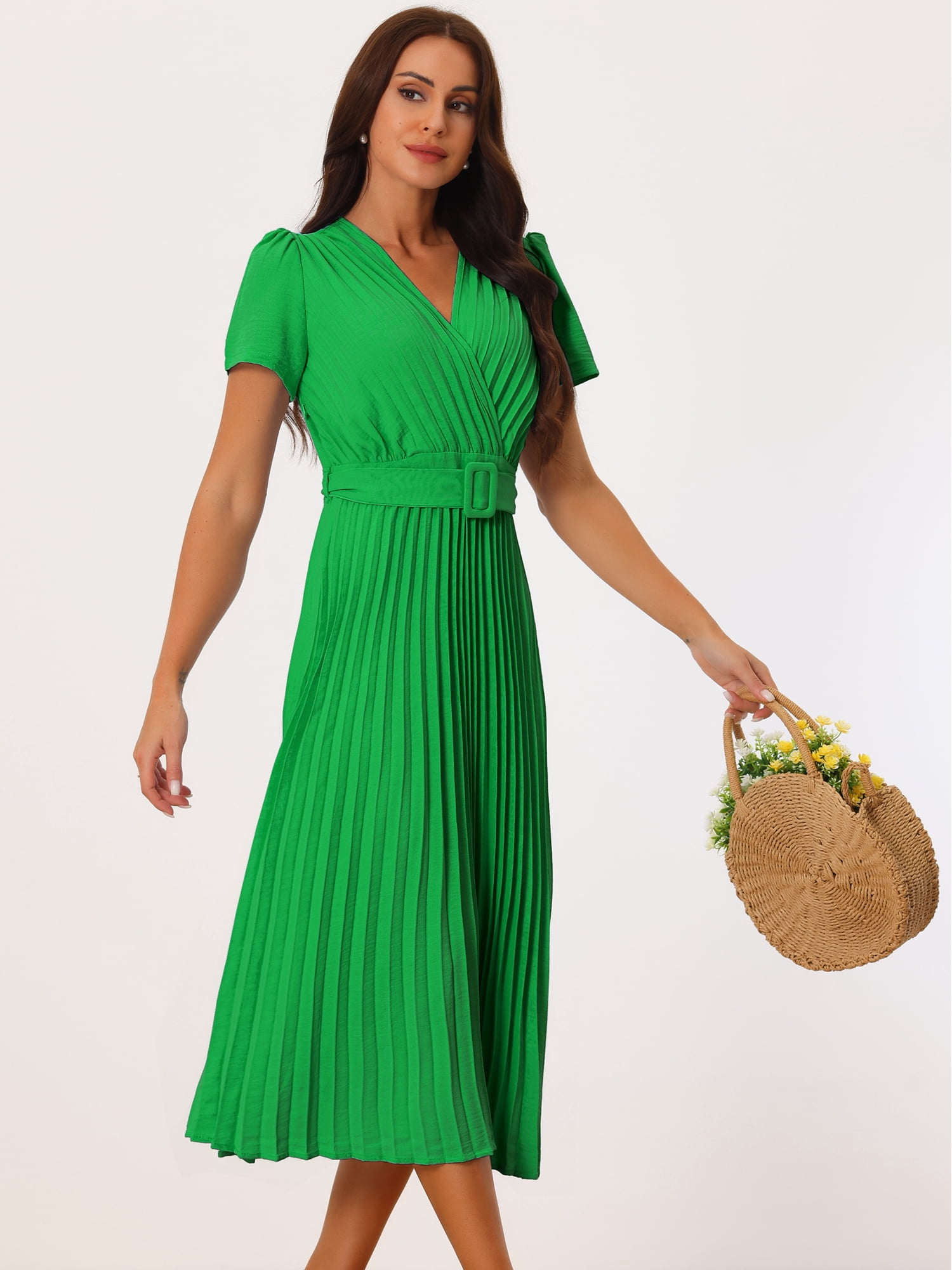 DARING DIVA Wrap V Neck Flowy Pleated Midi Dress S Green