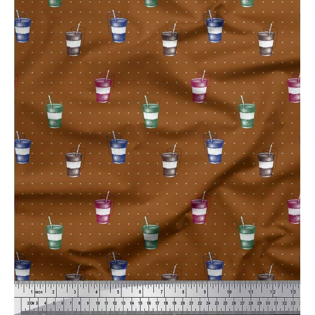 Soimoi Brown Poly Georgette Fabric Coffee Glass & Dots Fabric Prints By Yard 42 Inch Wide