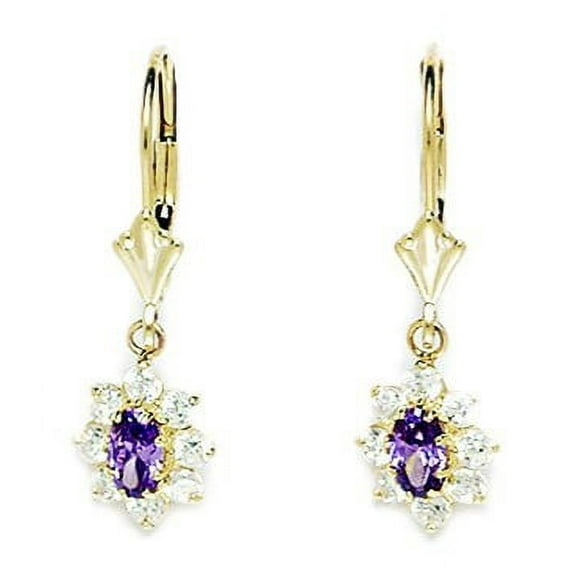 14k Yellow Gold February Purple 4x5mm CZ Flower Leverback Earrings - Measures 27x8mm