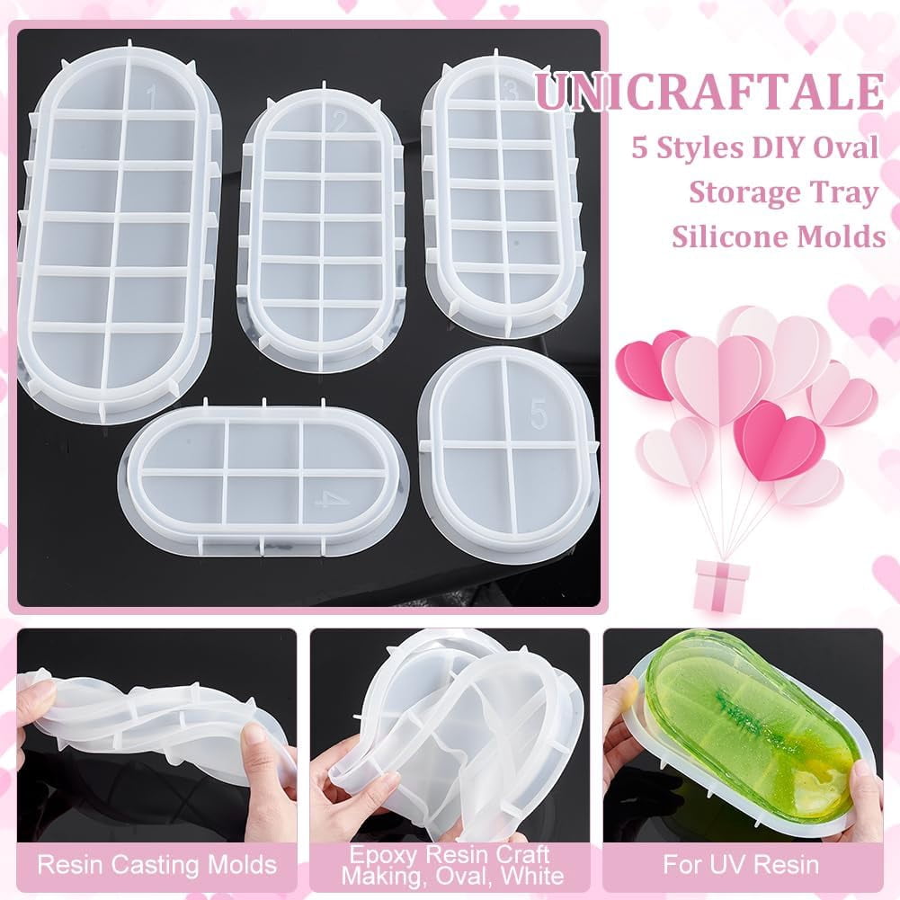 5Pcs 5 Styles DIY Oval Storage Tray Silicone Molds Resin Casting Molds For UV Resin Epoxy Resin Craft Making Oval White 164~329x110~146x14.3~18mm 1pc/style