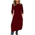 thumbnail image 2 of LNWUY (S-5XL) Plus Size Women's Solid Color Casual 3/4 Sleeve Crewneck Flowy Loose Comfort Breathable A Line Tunic Maxi Dress Wine L, 2 of 6