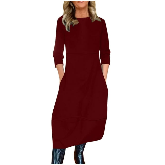 Ovzne Robes pour Femmes Robe Mode Femme Décontractée Couleur Unie Manches Longues Robe Ronde Robe de Vacances Manches Longues Liquidation