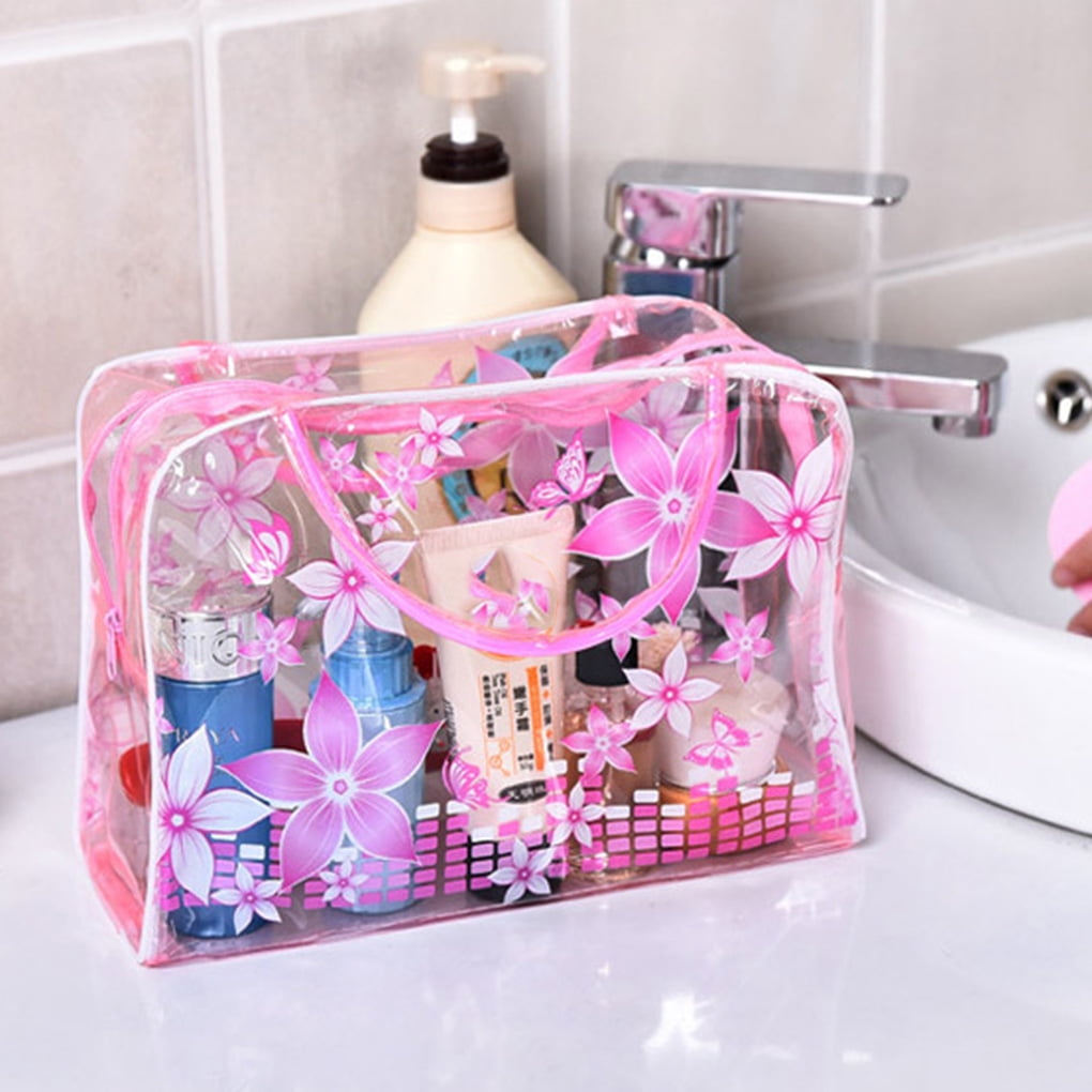 Robot-GxG Travel Flowers Transparent Cosmetic Pouch Makeup Portable Clear Toiletry Storage Bag with Zipper, Handle
