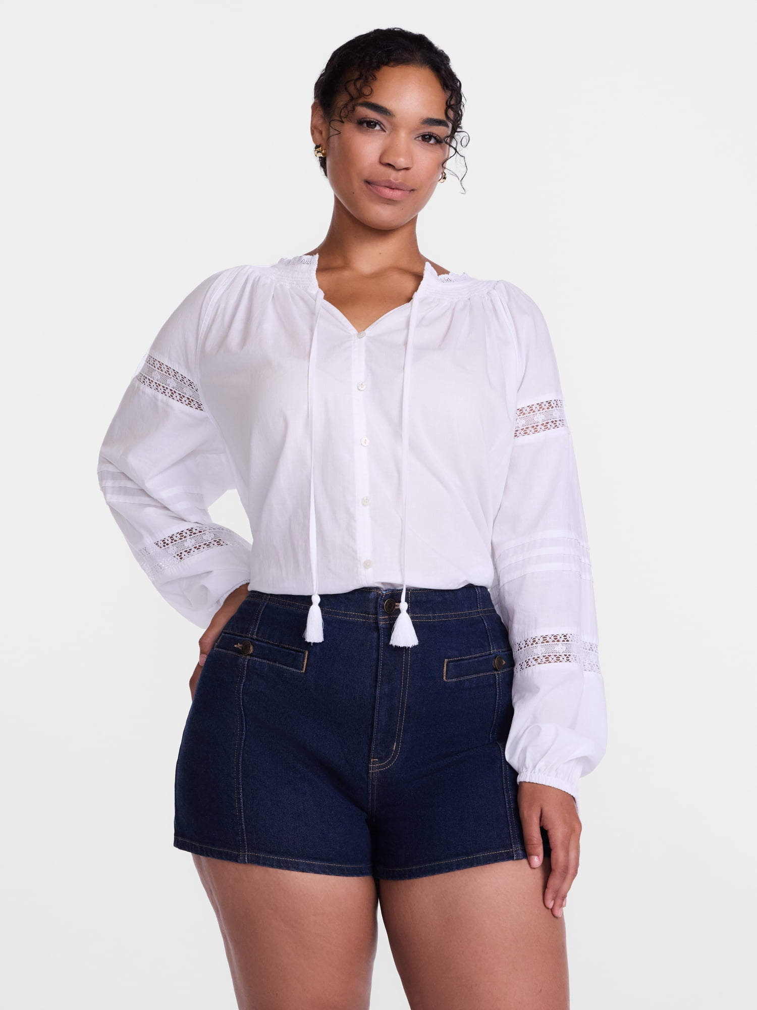 Scenario Women's and Women's Plus Smocked Neck Top with Lace Inserts, Sizes XS-4X