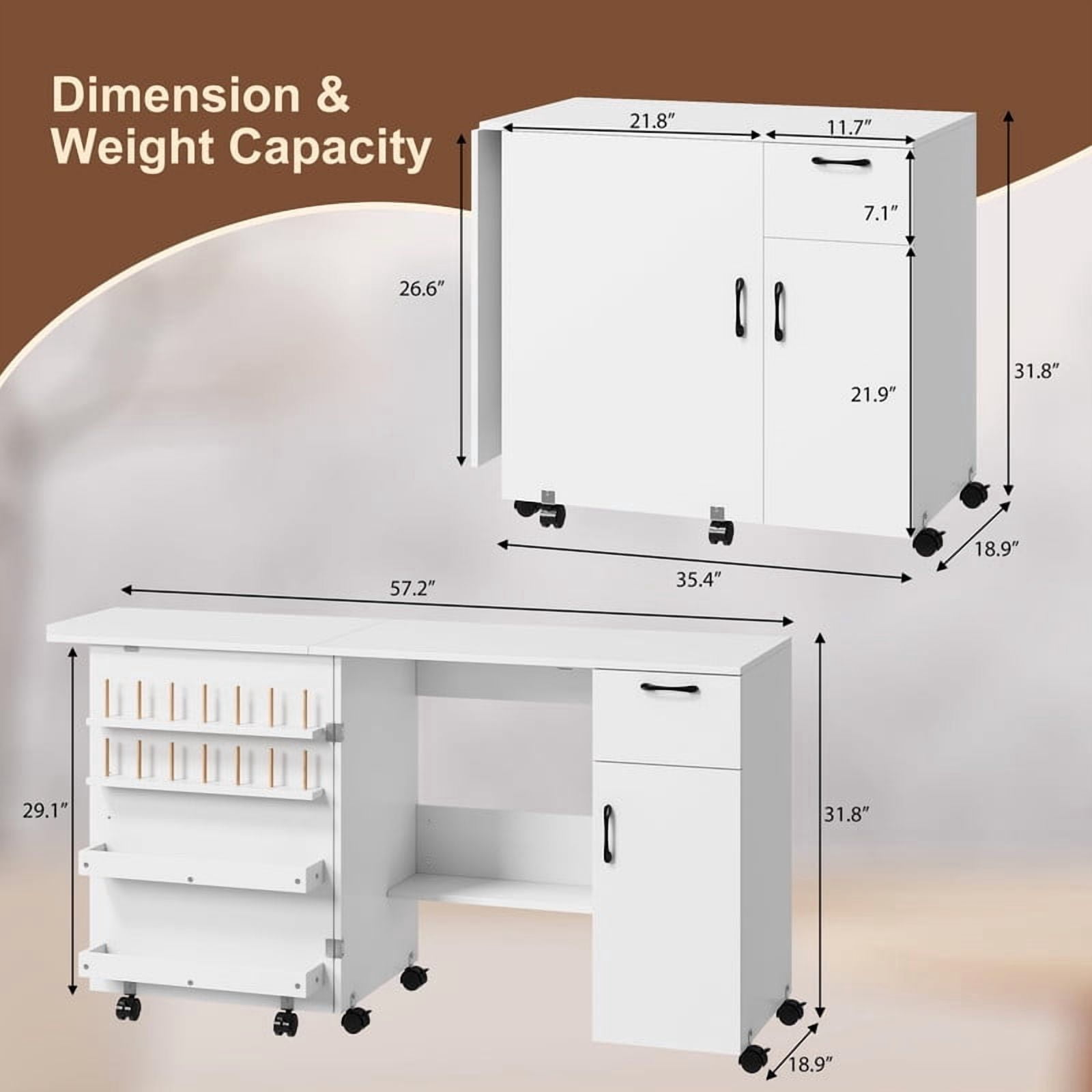 TROPOW Space-Saving Folding Sewing Machine Table for Entryway – Multi-Functional Craft Cabinet with Storage Shelves, Sliding Drawer, Lockable Wheels – Compact Rolling Organizer Desk
