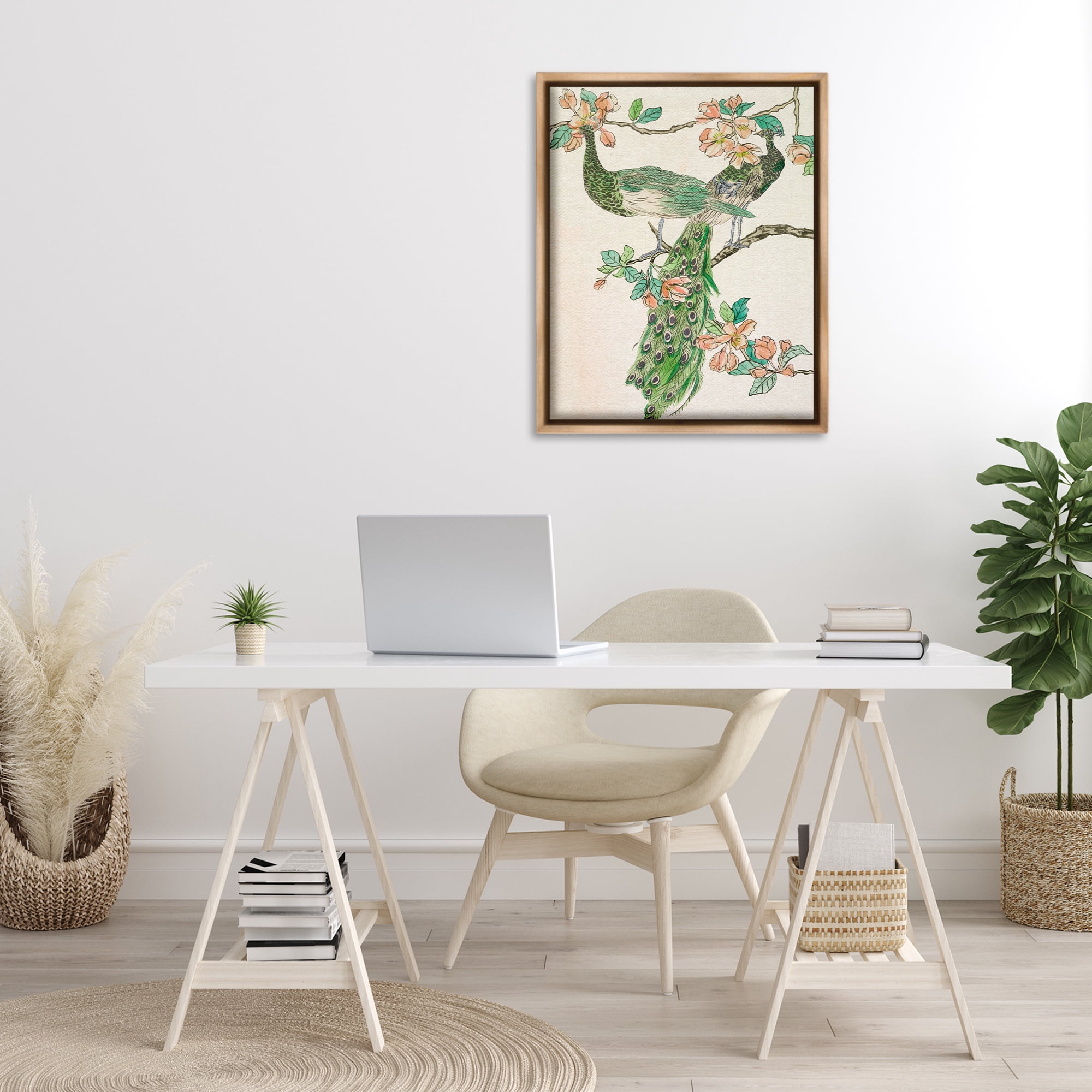 Stupell Industries Peacock & Cherry Blossoms Animals & Insects Painting Brown Floater Framed Canvas Art Print Wall Art, 25 x 31