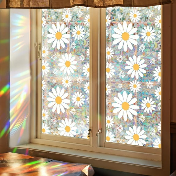 1 pc 39.4x17 Inch Rainbow Window Privacy Film Daisy 3D Static Flowers Glass Cling Plastic Non-Adhesive Reusable Stained Prism Window Decals Covering Sun Blocking Glass Sticker for Room Home