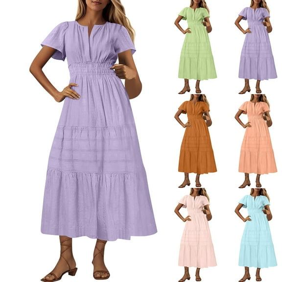Bovxnpu Womens Summer Dress, Women's Casual Maxi Dresses Boho Beach Dress, Short Sleeve V-Neck Long Dress Midi Maxi Dresses Elastic Waist Boho Beach Dress Pockets XL