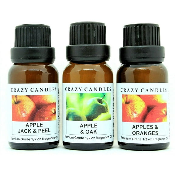 Crazy Candles 3 Bottles Set, 1 Apple Jack & Peel, 1 Apple & Oak, 1 Apples & Oranges 1/2 Fl Oz Each (15ml) Premium Grade Scented Fragrance Oils