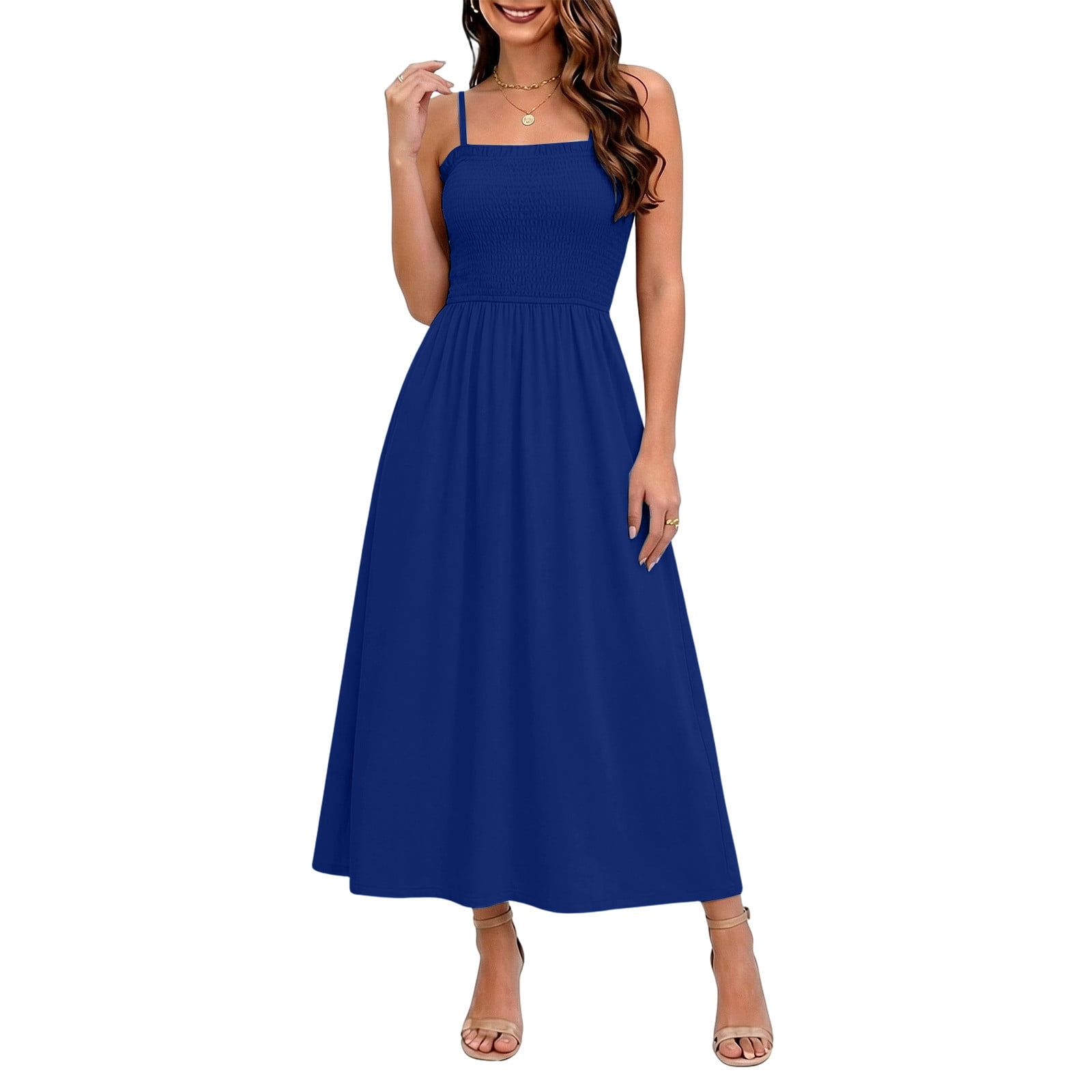 Hueook Womens Dresses Women's Bohemian Spaghetti Strap Sleeveless Long Beach Sun Dresses Solid Maxi Dress Blue XL