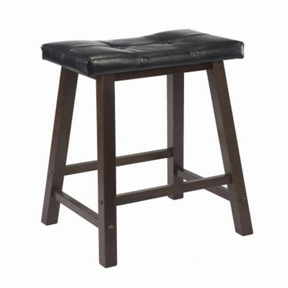 29 in. Cushion Saddle Seat Stool  Black Faux Leather  Wood Legs  RTA - Antique Walnut