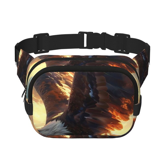 Saiise Sac Banane à Double Compartiment Motif Aigle Chauve Ciel Doré Sac de Taille Carré Réglable Mains Libres Ceinture de Course Randonnée Sécurité Voyage Bandoulière en Sergé