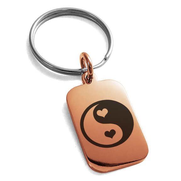 Stainless Steel Love Heart Yin Yang Engraved Small Rectangle Dog Tag Charm Keychain Keyring