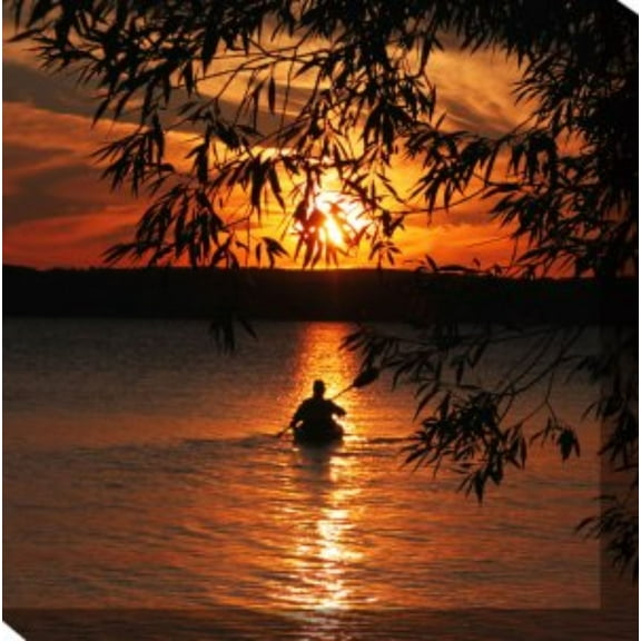 Outdoor Living and Style Black and Orange Kayak Sunset Outdoor Canvas Square Wall Art Decor 24" x