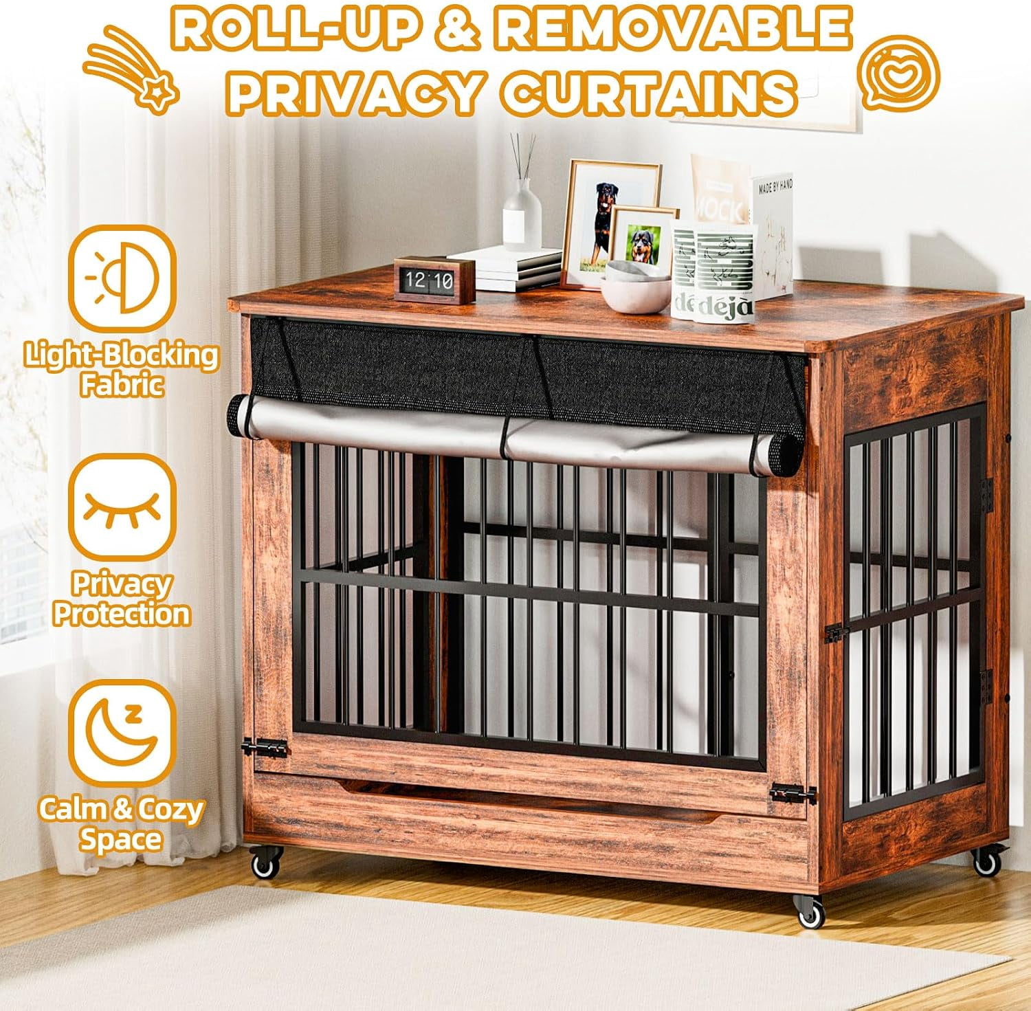 46" Large Dog Crate Furniture, Double Door Wooden Indoor Dog Kennel End Table with Wheels, Decorative Pet Cage for Extra Large Breeds, Vintage Brown