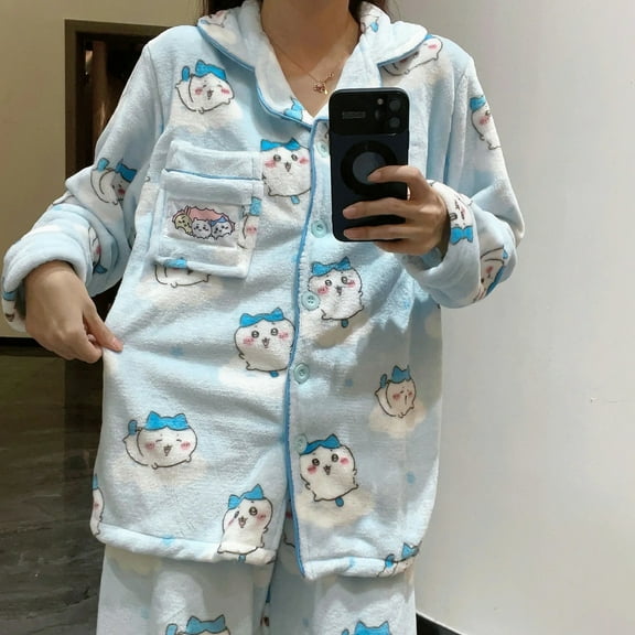 Cute Zipper Chiikawa Usagi Pjs Sleepwear Set Women's Autumn Winter Warm Homewear Pajamas Soft Nightgown