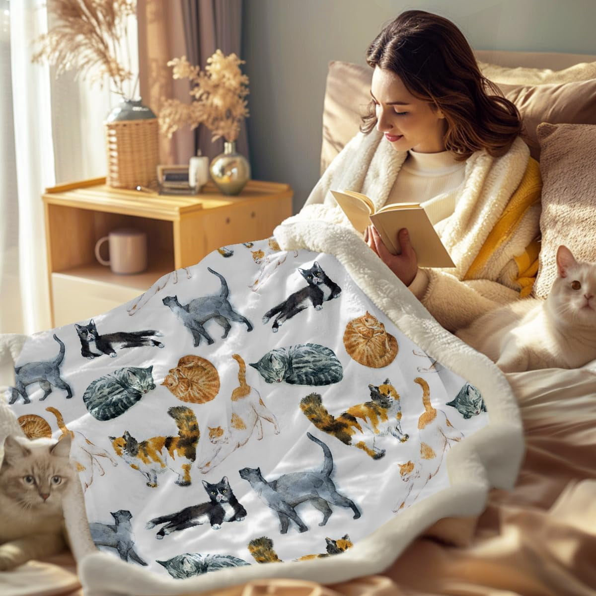 Colorful Cat Fleece Throw Blanket for Couch Chair Fuzzy Kitten Print Plush Sherpa Blanket Gifts for Cat Lovers Kids, Twin(60" X 80")
