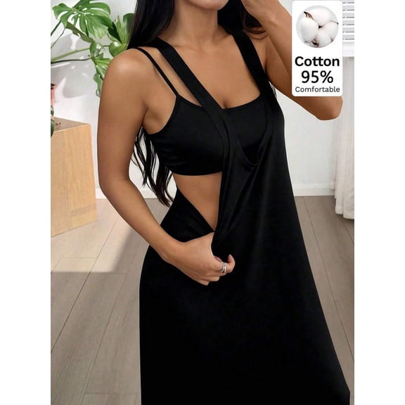 Black Solid Asymmetric Neck Sleeveless Wrap Maxi Dress With Built-In Bra
