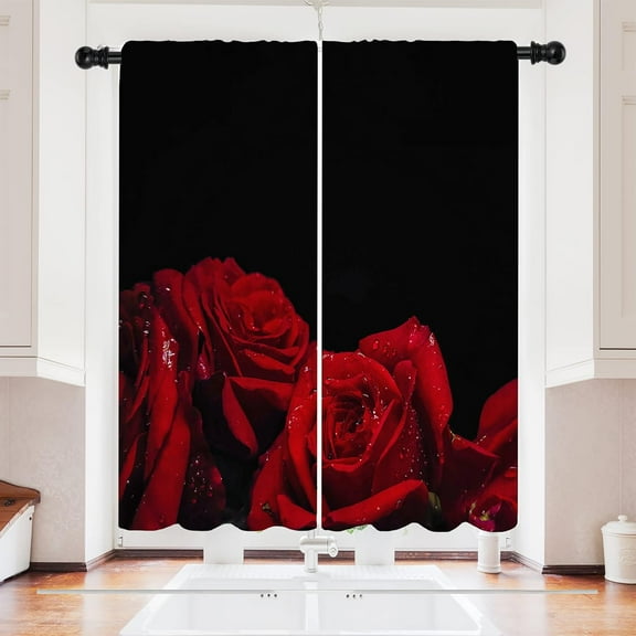 Black and Red Rose Valentine''s Day Kitchen Sink Curtains 27.5Wx36H Inch Rod Pocket Romantic Modern Rose Pattern Printed Red Cafe Curtains for Kitchen Window Drapes Treatment 2 Panels