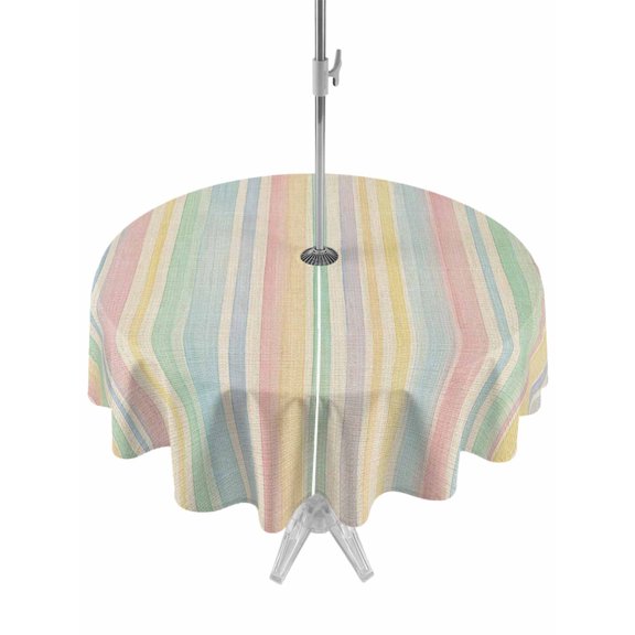 Outdoor Tablecloth with Umbrella Hole for Patio/Picnic/Party/Camping, Colorful Striped Waterproof Table Cloth Round Cover Washable, Modern Farmhouse Vertical Stripes Burlap (Dia 54")
