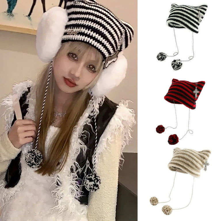 Cute Cat Ear Beanie With Pom Poms | Striped Knit Winter Hat For Women & Girls, Devil Horn Crochet Hat