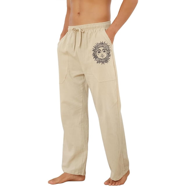 Zszcpp Linen Pants Men Cartoon Printing Loose Long Cotton Vacation Softable Trousers Casual Trouser