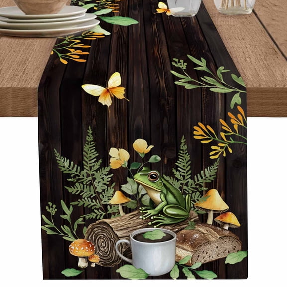 nqOlkjepod Green Frog Table Runner 60 Inches Long Farmhouse Dress Scarves, Butterfly Plant Flowers Mushroom Coffee Brown Dining Tablerunner for Coffee Table/Kitchen Island/Party Décor, 13" x 60"