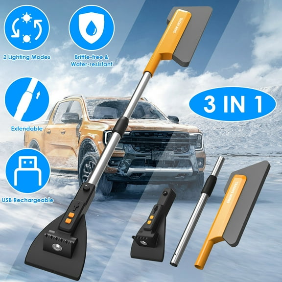 3in1 Telescopic Car Snow Removal Shovel w/ Light, Windshield Ice Scraper Snow Brush Shovel Tool