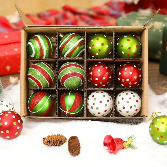 12Pcs Christmas Balls Ornament 2.4" Glittering Hanging Xmas Balls for Tree Decoration Swirl Candy Cane Elf Balls Red Green Plastic Christmas Baubles for Home Indoor Holiday Party Decor