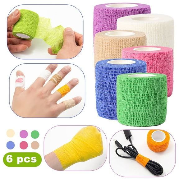 6 Pcs Self Adhesive Bandage Wrap - 2 inch by 5 yards Self Adhering Non Woven Cohesive Bandage Rolls - Multi Colored Neon Athletic Tape for Wrist - Tape Waterproof