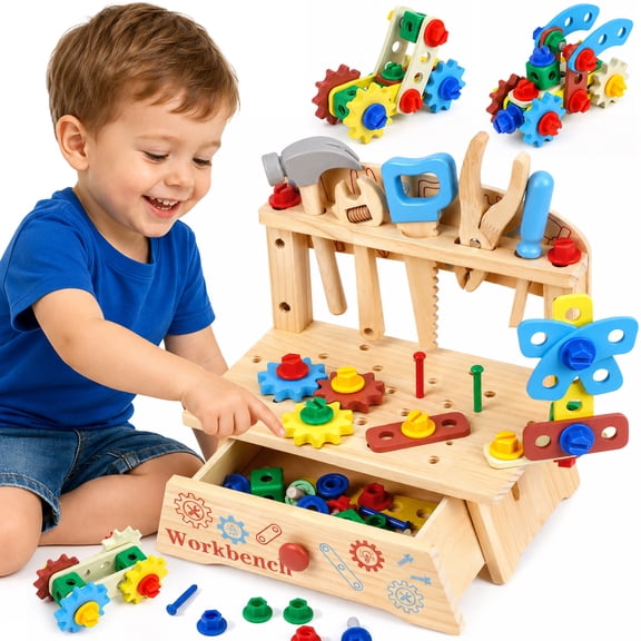 Funvip Wooden Kids Tool Workbench, STEM Montessori Pretend Play Construction Toy with Nuts Bolts & Tool Set, Educational Building Toy for Ages 3