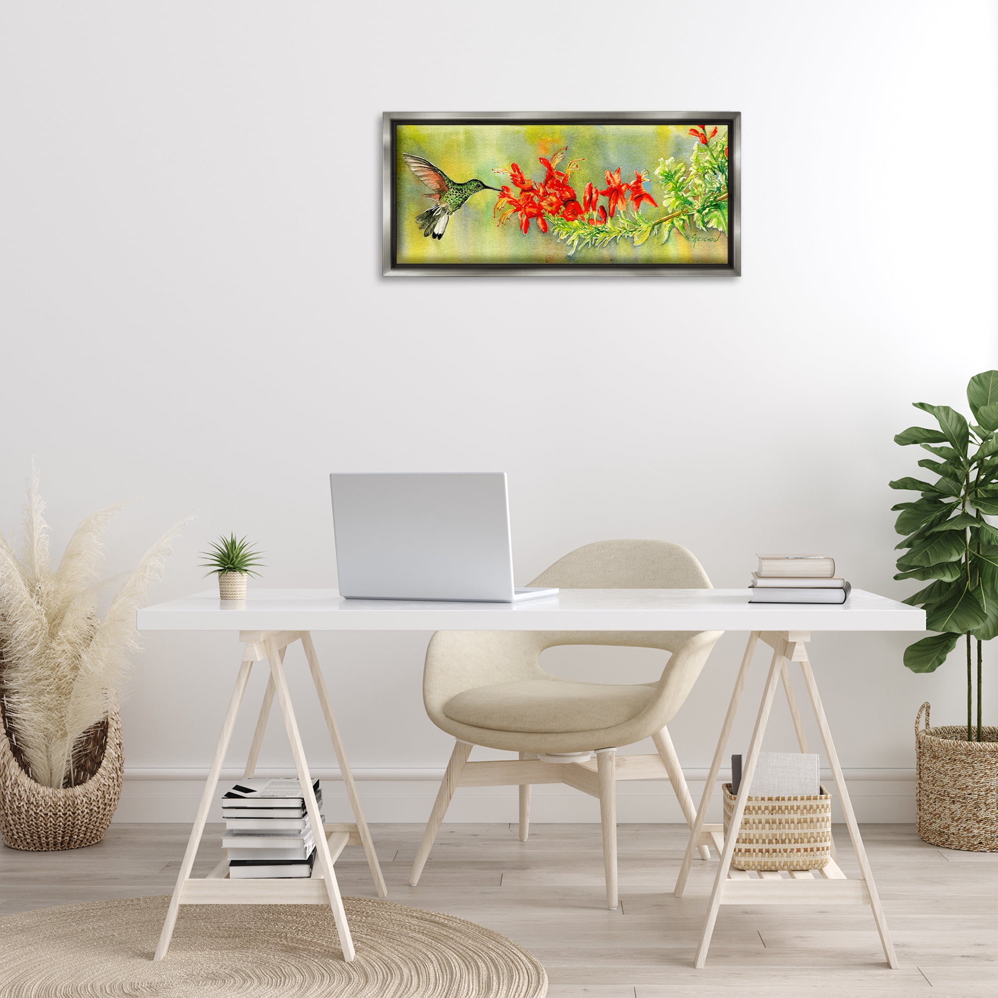 Stupell Industries Quick Sip Hummingbird Animals & Insects Painting Gray Floater Framed Canvas Art Print Wall Art, 31 x 14