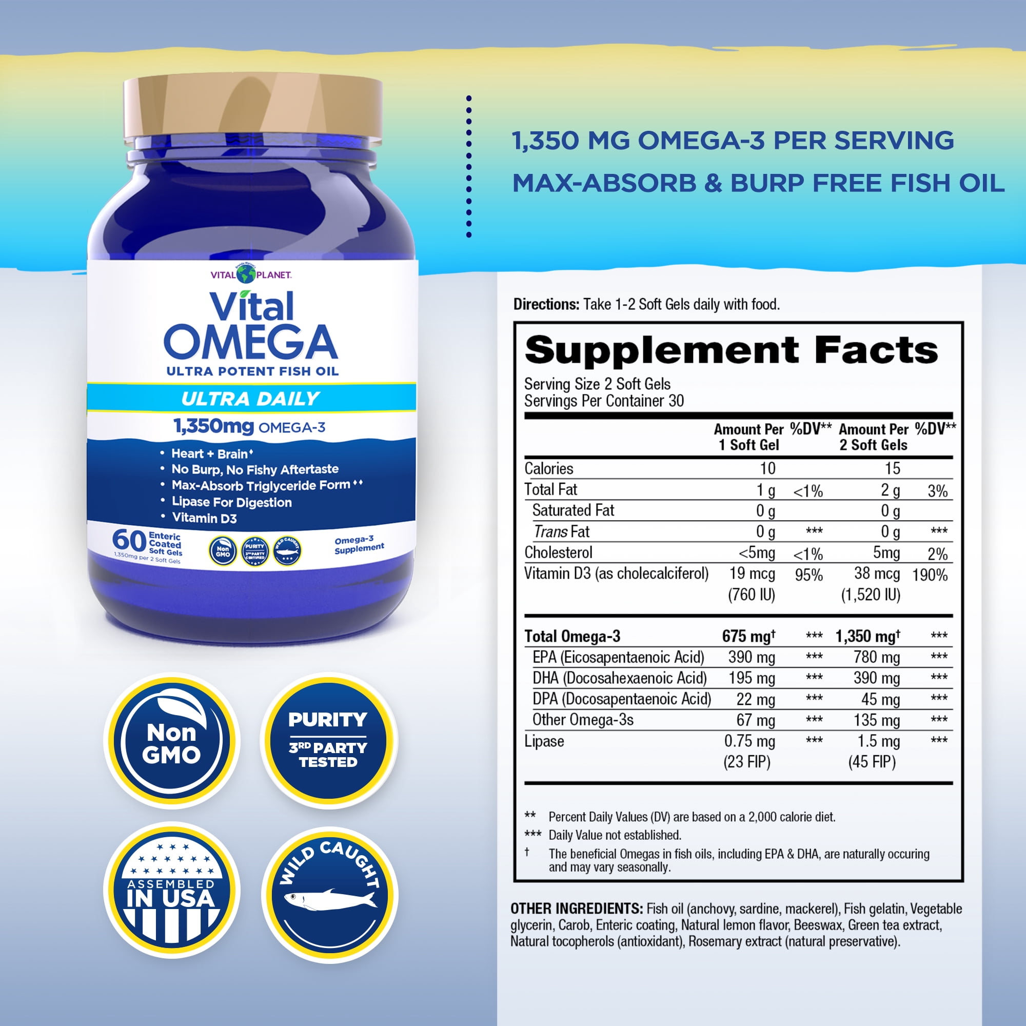 Vital Planet - Vital Omega 3 Fish Oil Ultra Daily Supplement 60 Softgels