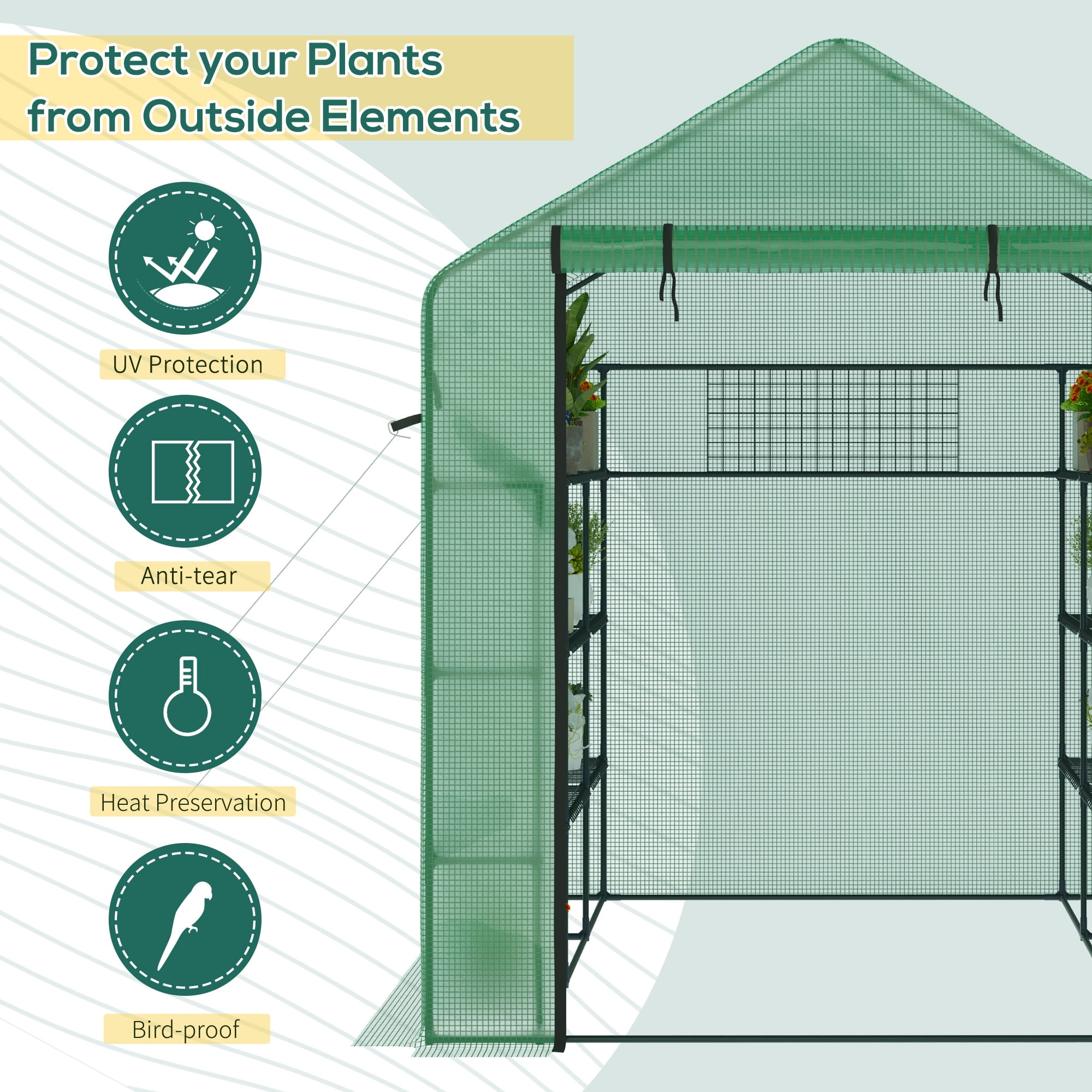 Walk-in Greenhouse with Mesh Door and Windows, 18 Shelf Hot House with Trellis