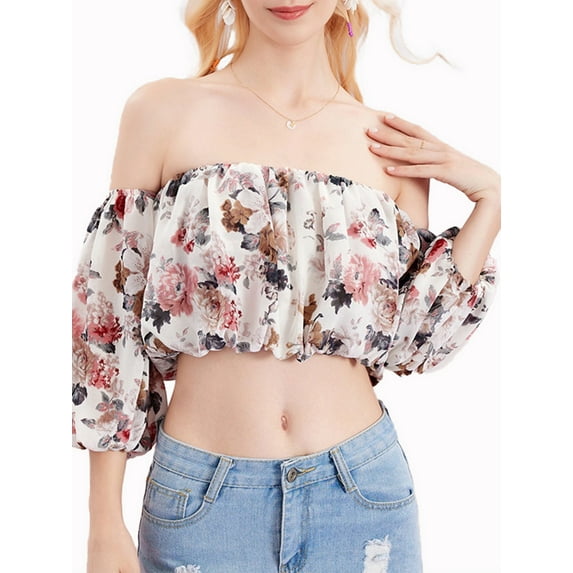 Lovito Casual Floral Puff Sleeve Cold Shoulder Blouse