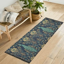Yayeee Runner Rug for Bedroom 2'x6' Machine Washable Hallway Non Slip Mat, Navy Blue Peacock Pattern