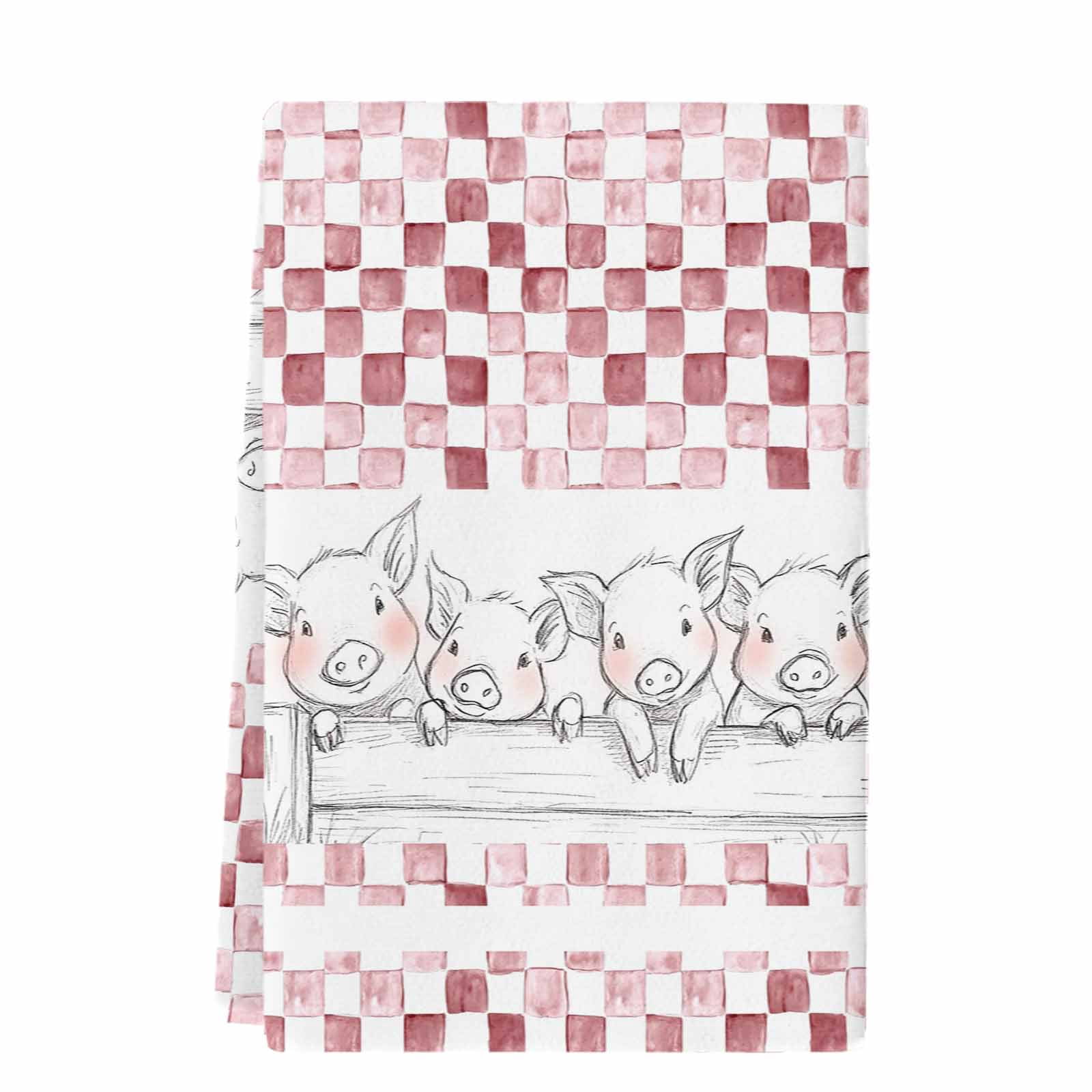 Red Plaid Farmhouse Kitchen Towels Set of 1, Watercolor Cute Country Pigs Checkered Absorbent Dish Towels for Kitchen, Microfiber Hand Towel, Quick Drying Tea Towel for Cleaning Decorative Dishcloths