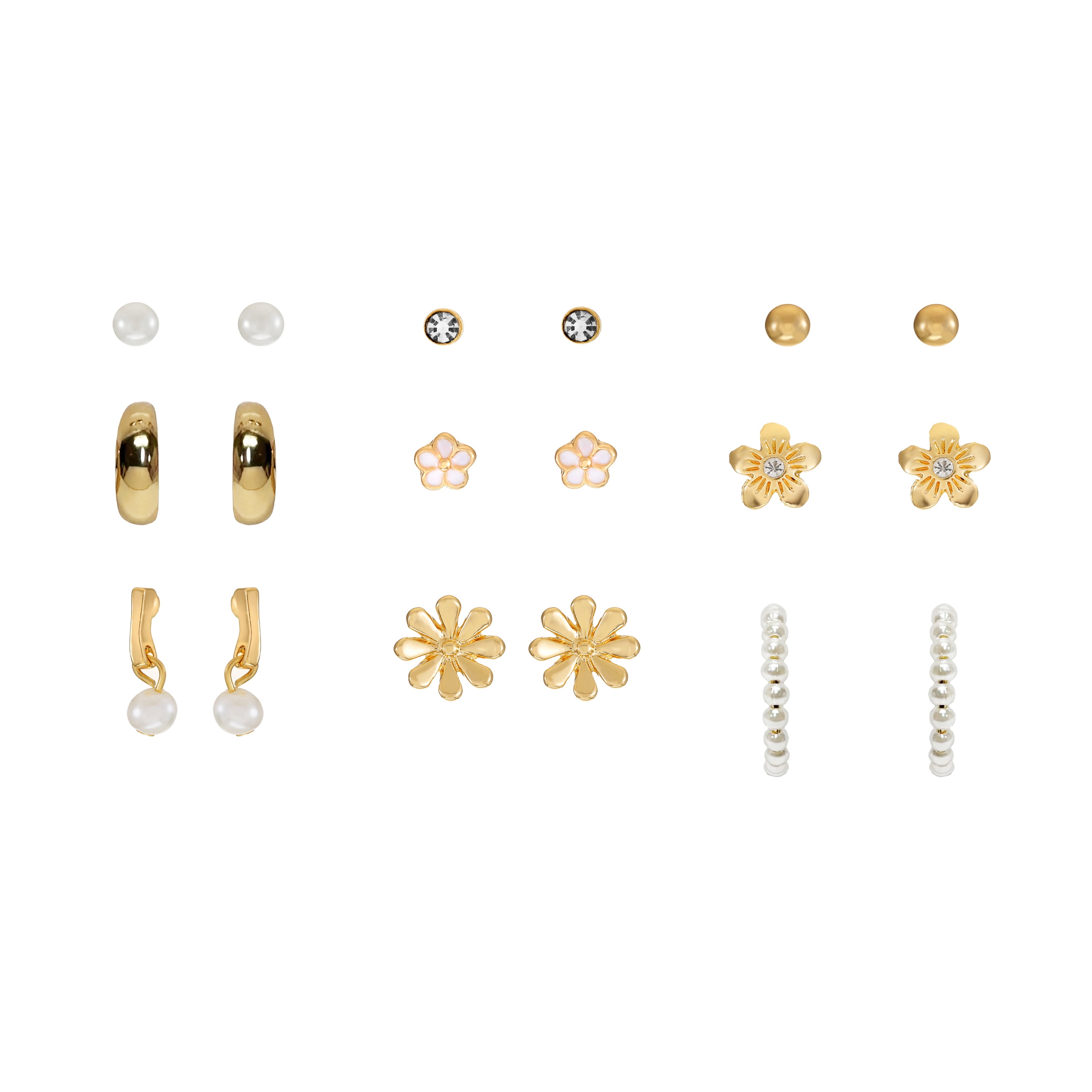 Time and Tru Womens Gold Mini Stud and Hoop Earring Collection, Flower Motif, 9 Pairs